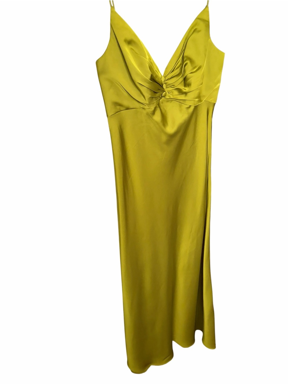 Mac Duggal Satin Maxi Dress in Chartreuse Yellow with Twist Front